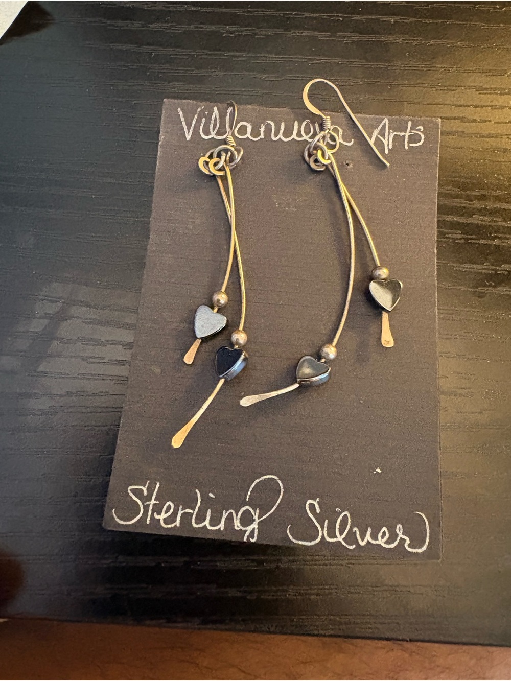 Villanueva Arts Sterling Silver Hematite Heart Dangle Earrings